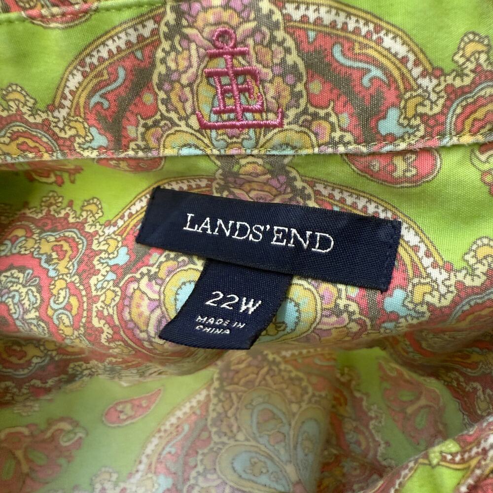 🌿 Lands’ End 22W Women’s Vintage Green Paisley Button Shirt Boho Prep Top - Picture 3 of 6